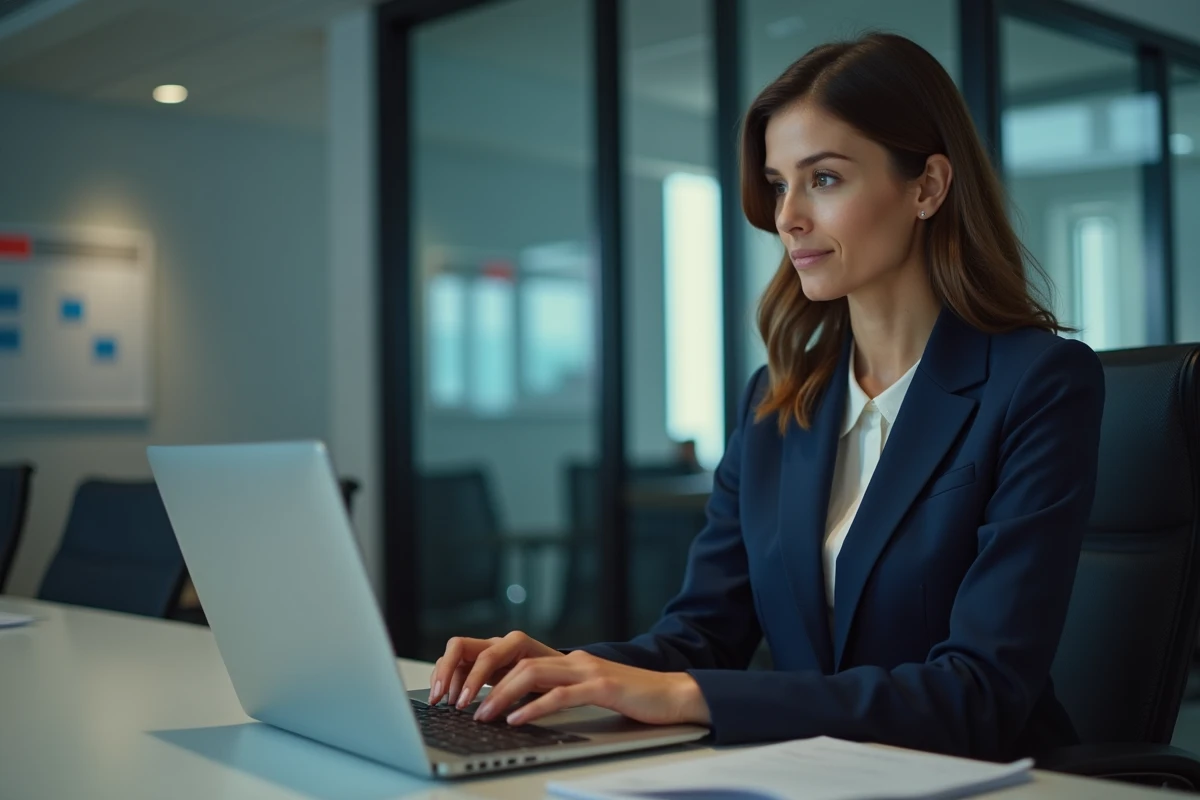 Femme en costume de bureau travaillant sur son ordinateur