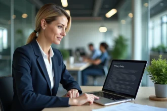 Femme professionnelle consultant une politique de confidentialité RGPD sur son ordinateur portable dans un bureau moderne
