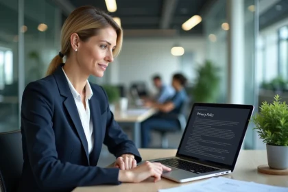 Femme professionnelle consultant une politique de confidentialité RGPD sur son ordinateur portable dans un bureau moderne