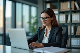 Femme en costume consultat site de normes officielles