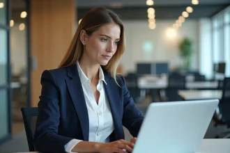 Femme en blazer navy lors d'un appel vidéo au bureau