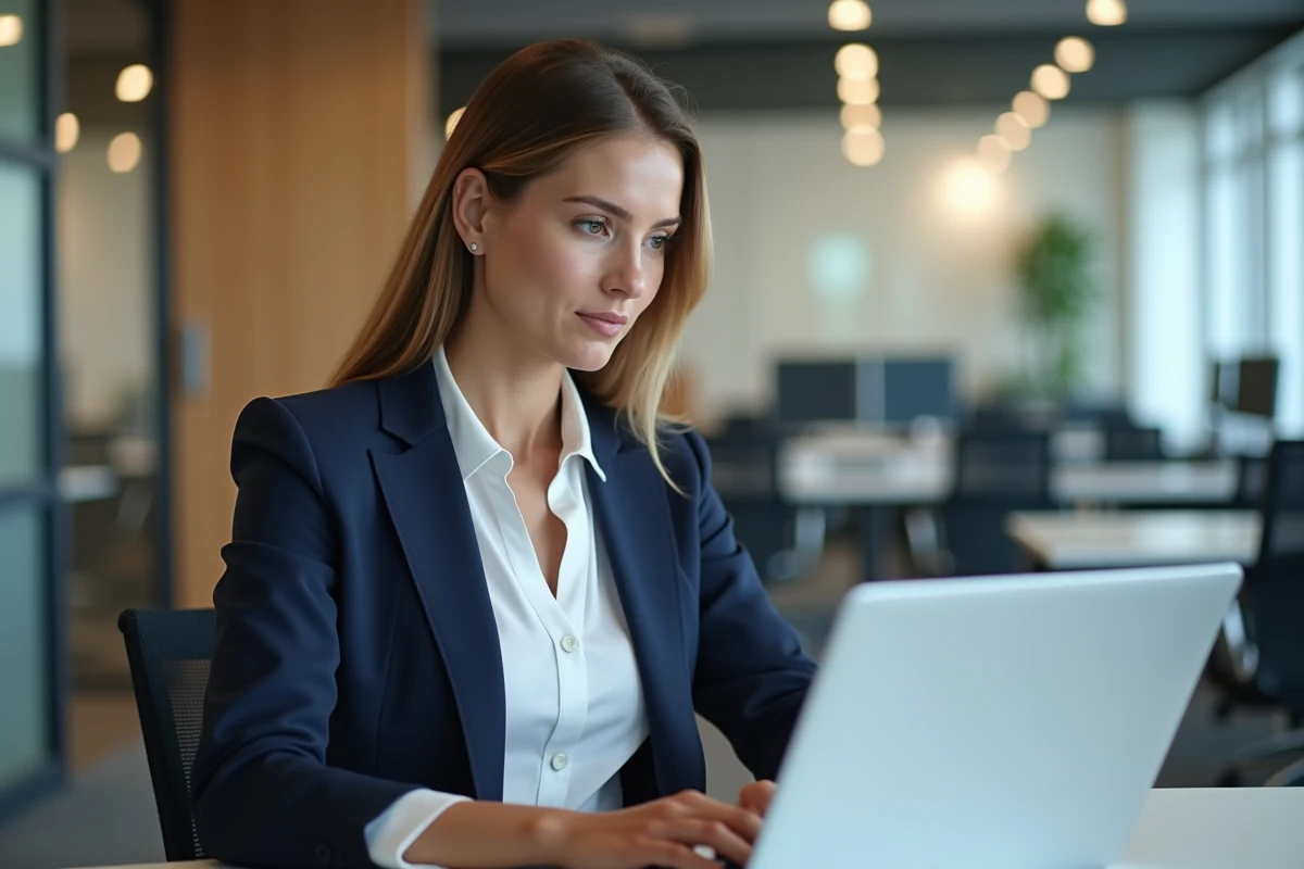 Femme en blazer navy lors d'un appel vidéo au bureau