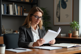 Femme d'âge moyen lisant un document sur la propriété intellectuelle