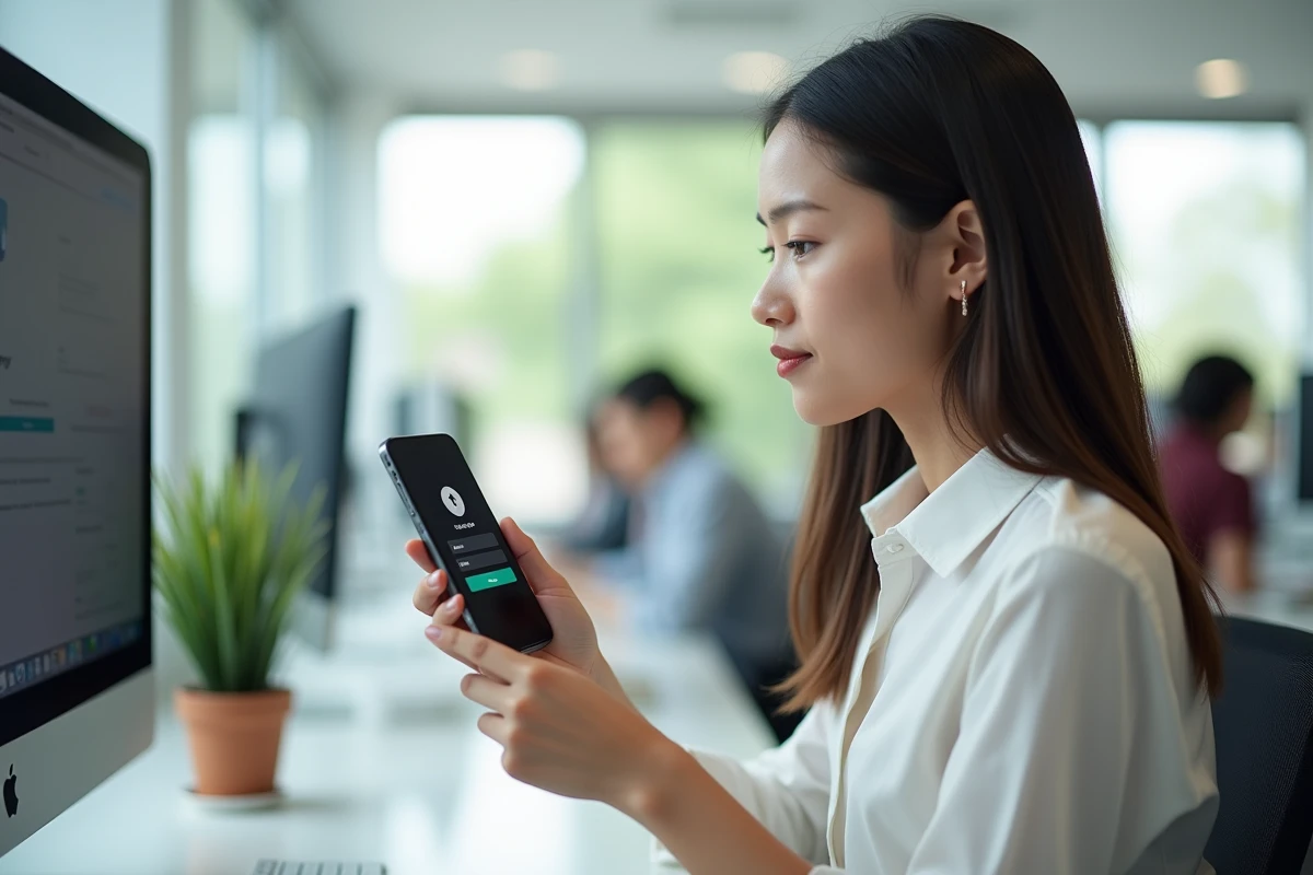 Femme au bureau utilisant son smartphone pour réinitialiser son mot de passe sur le portail myPrimobox
