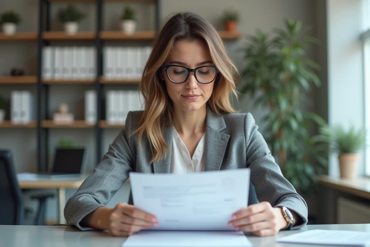 Femme responsable RH examine un CV dans un bureau lumineux
