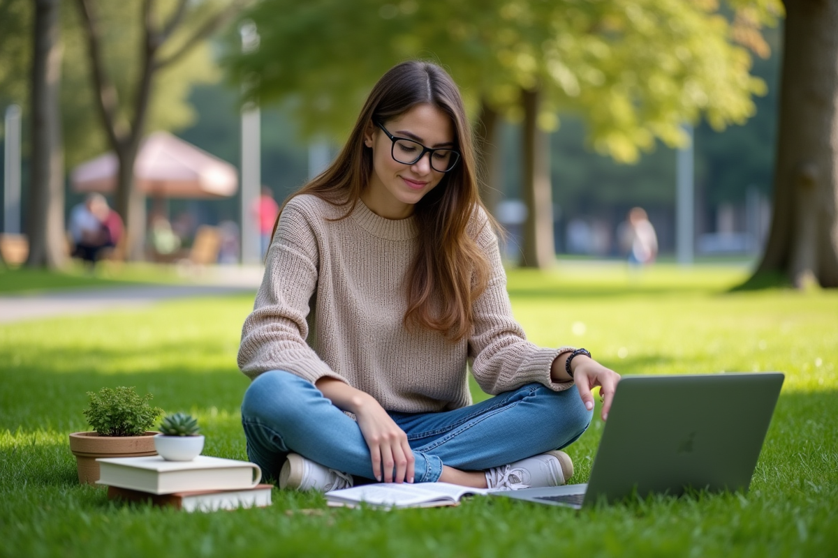 Jeune femme assise dans un parc avec objets représentant des ressources