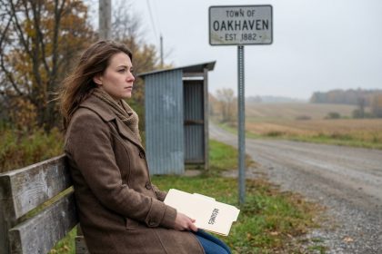 Femme assise à un arrêt rural avec dossier de CV