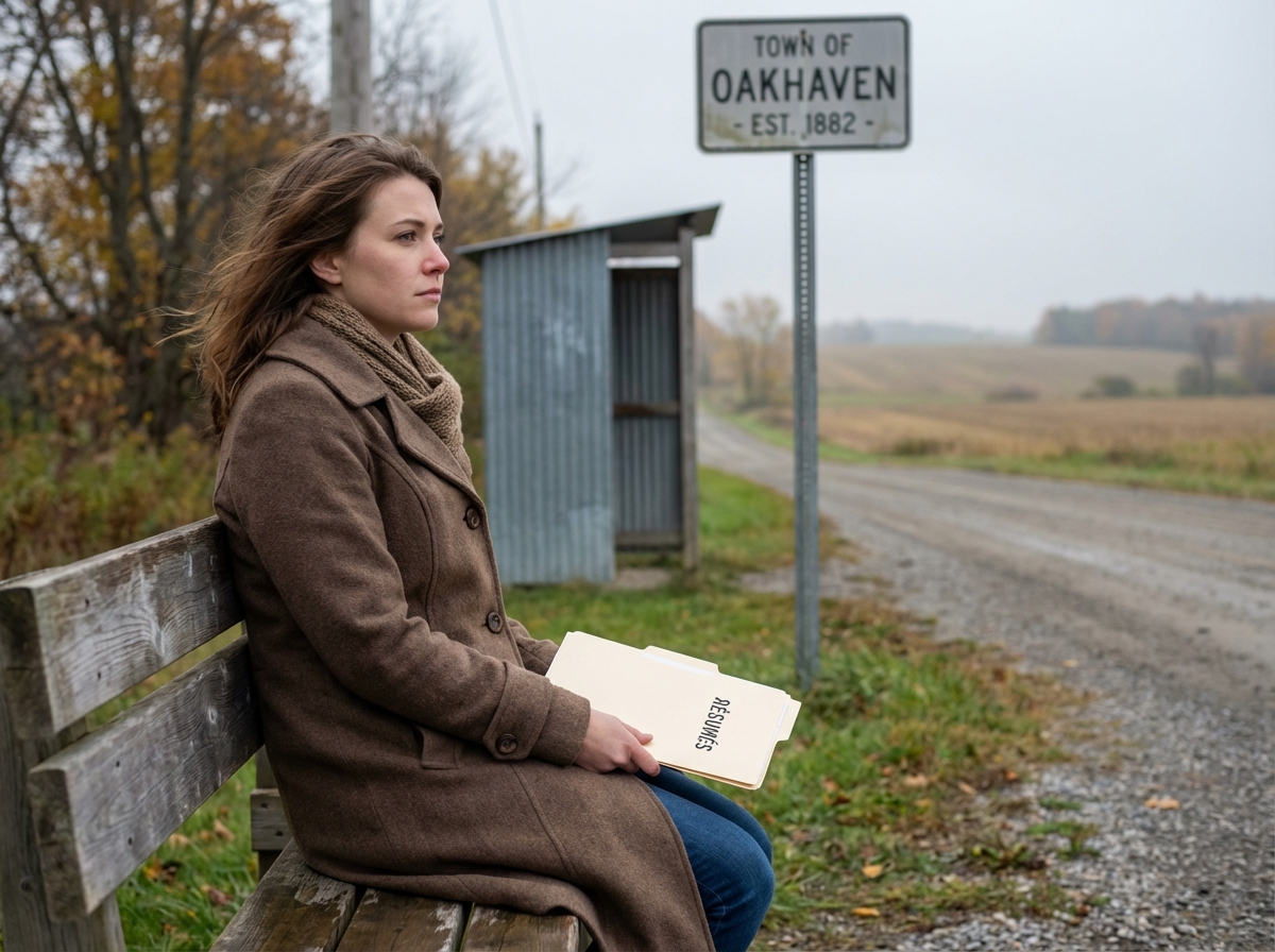 Femme assise à un arrêt rural avec dossier de CV