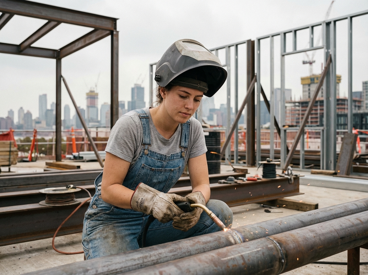 Jeune femme soudant des tuyaux m&eacute;talliques sur un chantier