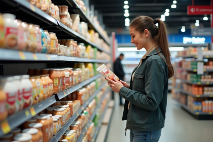 Jeune femme examine un produit Carrefour en supermarche