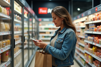 Femme française en supermarché examine une étiquette