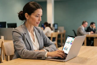 Femme professionnelle consultant un tableau de bord de statistiques de ventes sur un ordinateur portable dans un bureau moderne