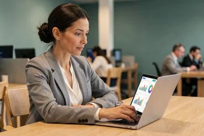 Femme professionnelle consultant un tableau de bord de statistiques de ventes sur un ordinateur portable dans un bureau moderne