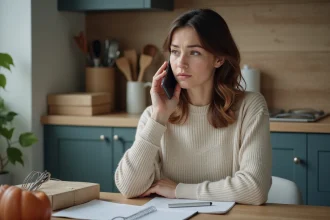 Jeune femme au téléphone dans la cuisine chaleureuse