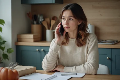 Jeune femme au t&eacute;l&eacute;phone dans la cuisine chaleureuse