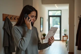 Femme contactant le service client DHL par téléphone pour un colis en retard dans son couloir d'appartement