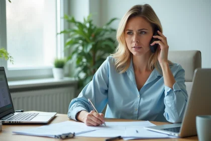 Femme au téléphone contactant l'Urssaf depuis son bureau avec des documents administratifs ouverts