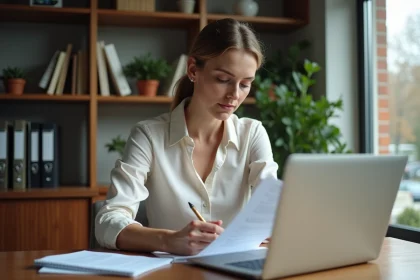 Femme lisant un contrat de travail à la maison