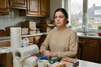 Femme fatiguée dans une cuisine modeste entourée de boîtes et d'emballages pour un travail à domicile