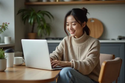 Jeune femme travaillant &agrave; domicile sur un ordinateur portable