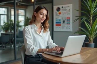 Femme concentrée travaillant sur son ordinateur dans un bureau moderne