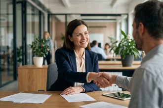 Femme professionnelle serrant la main d'un client dans un bureau moderne, symbolisant la fidélisation client et la relation de confiance en entreprise