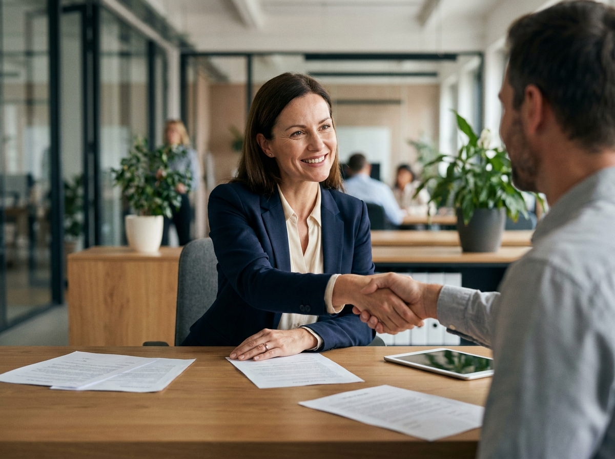 Femme professionnelle serrant la main d'un client dans un bureau moderne, symbolisant la fidélisation client et la relation de confiance en entreprise