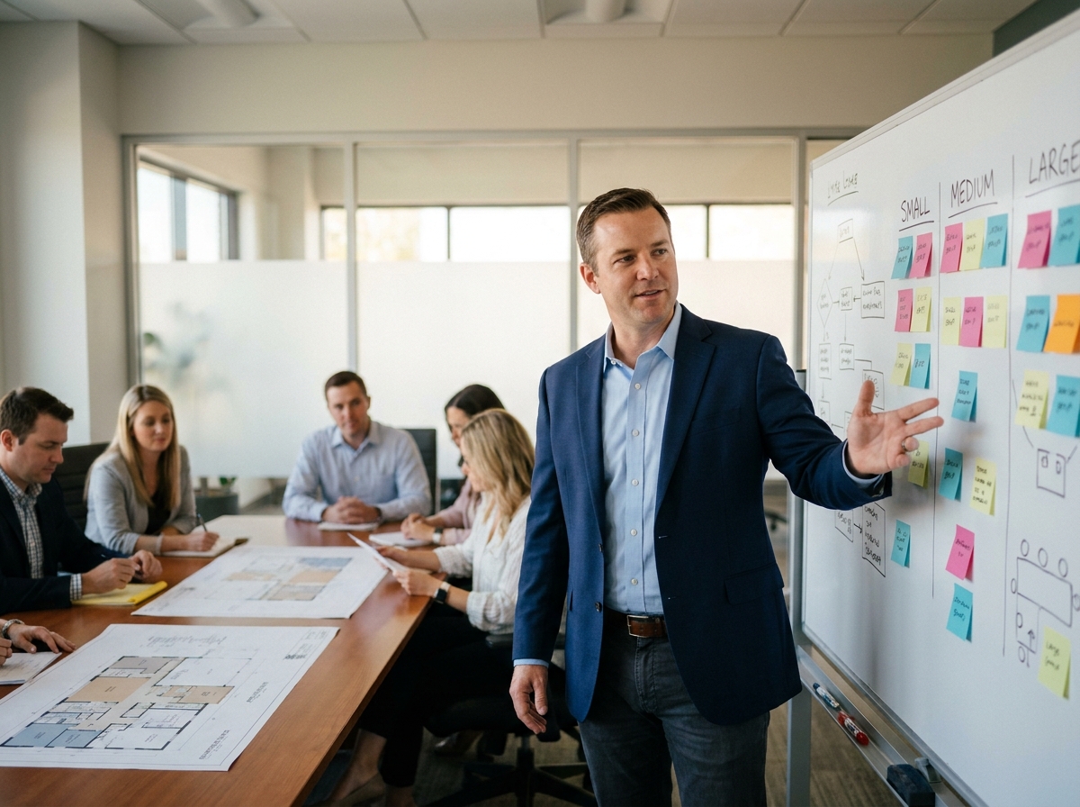 Un organisateur d'événements masculin présente devant un tableau blanc couvert de notes les différents formats de cocktail adaptés à chaque taille de groupe de participants.