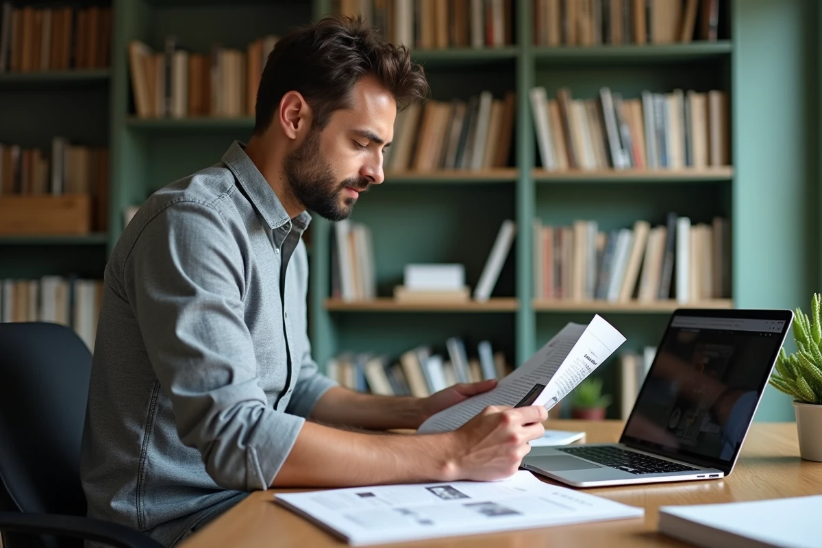 Freelance masculin travaillant dans un bureau à domicile avec des publications imprimées et un ordinateur portable