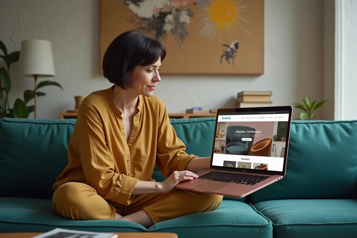 Créatrice freelance parcourant les templates Envato Elements sur son ordinateur portable depuis son salon au style mid-century modern