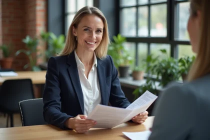 Freelance professionnelle présentant une brochure imprimée à un client dans un espace de coworking moderne