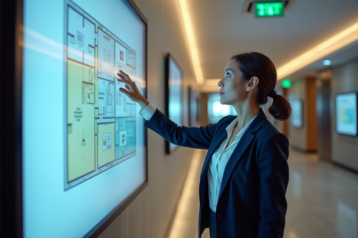 Femme IT vérifiant un plan d evacuation dans un hall d entreprise