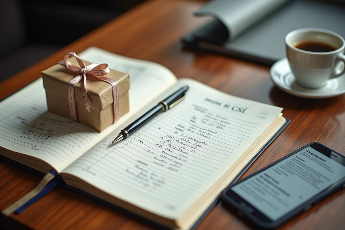Détail d'un grand livre comptable avec inscription des cadeaux salariés et boîte cadeau sur un bureau professionnel