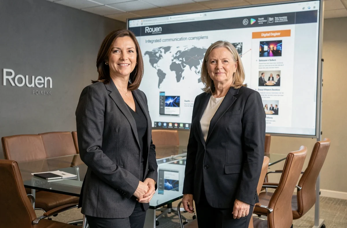 Directrice de communication présentant une campagne de communication globale dans une salle de réunion professionnelle d'une agence à Rouen
