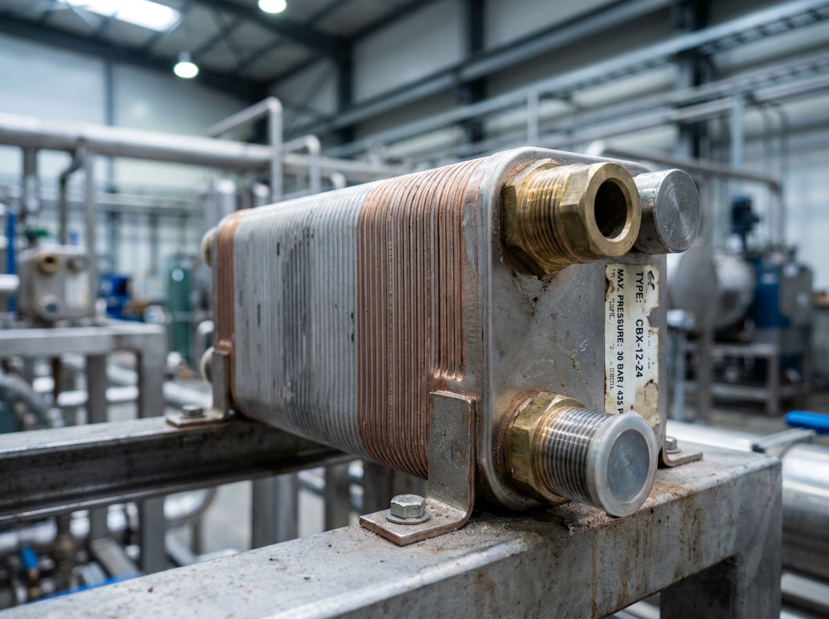 Gros plan sur un échangeur thermique à brasure en aluminium et cuivre monté dans une installation industrielle