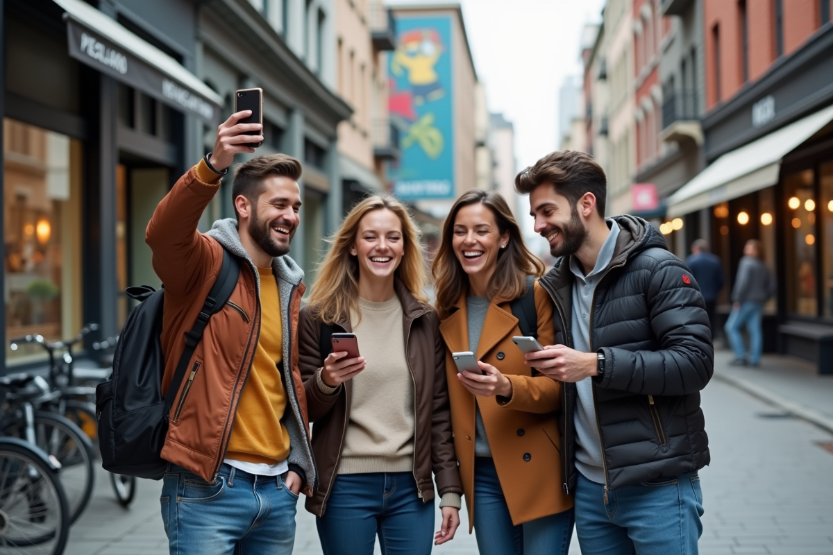 Groupe d amis riant sur une rue urbaine dynamique