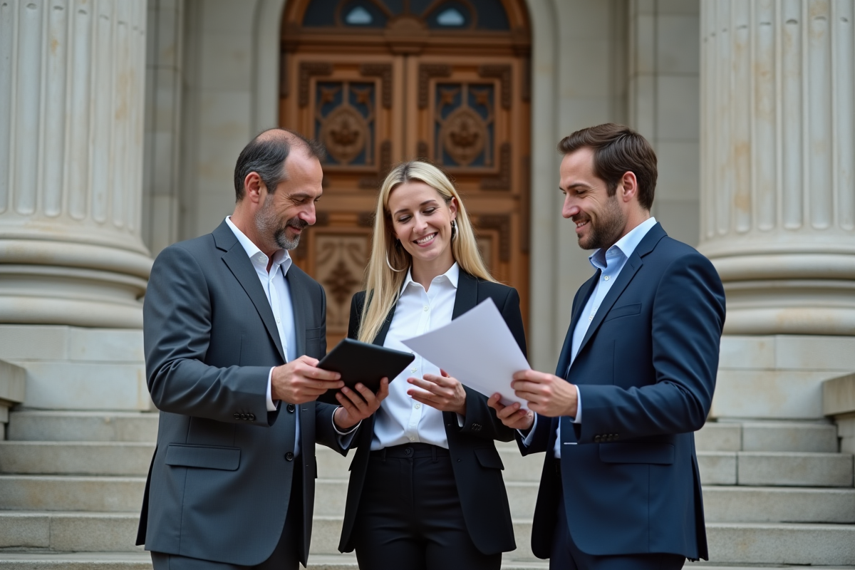 Groupe de professionnels discutant devant un courthouse