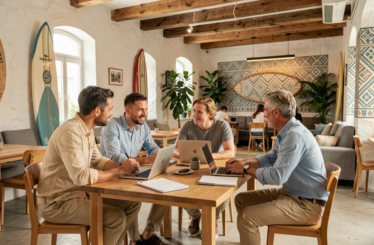 Groupe de professionnels en réunion informelle dans un espace de coworking au style basque à Biarritz