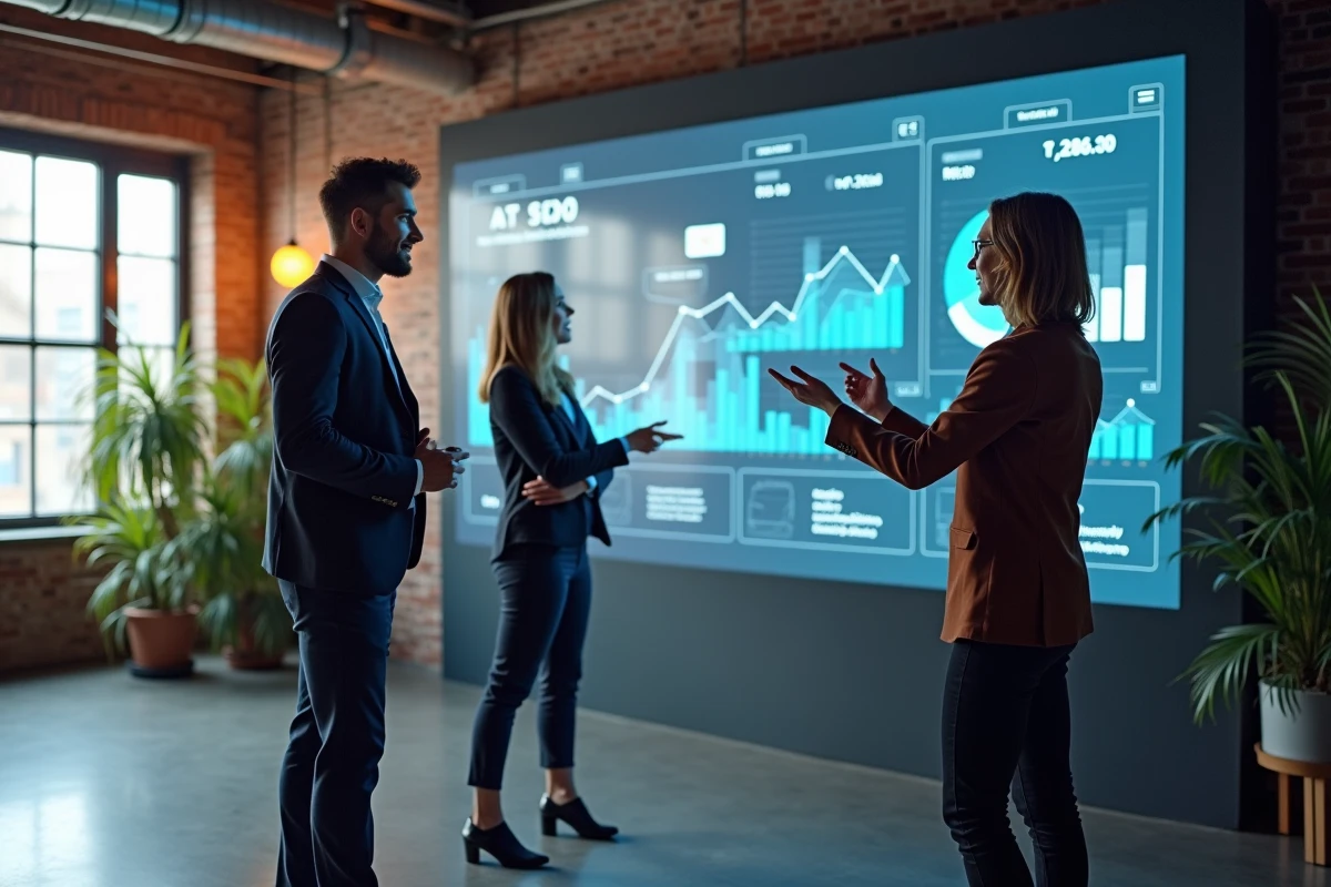 Groupe de professionnels discutant autour d un mur digital d analytics