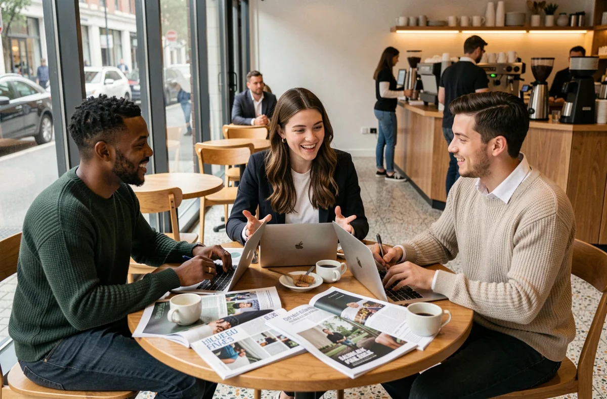 Groupe de jeunes entrepreneurs collaborant autour du Business Mag dans un café moderne en 2026