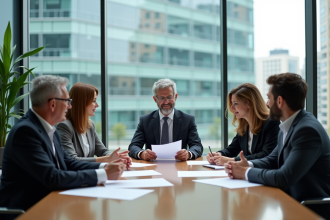 Groupe de professionnels en réunion dans un bureau moderne