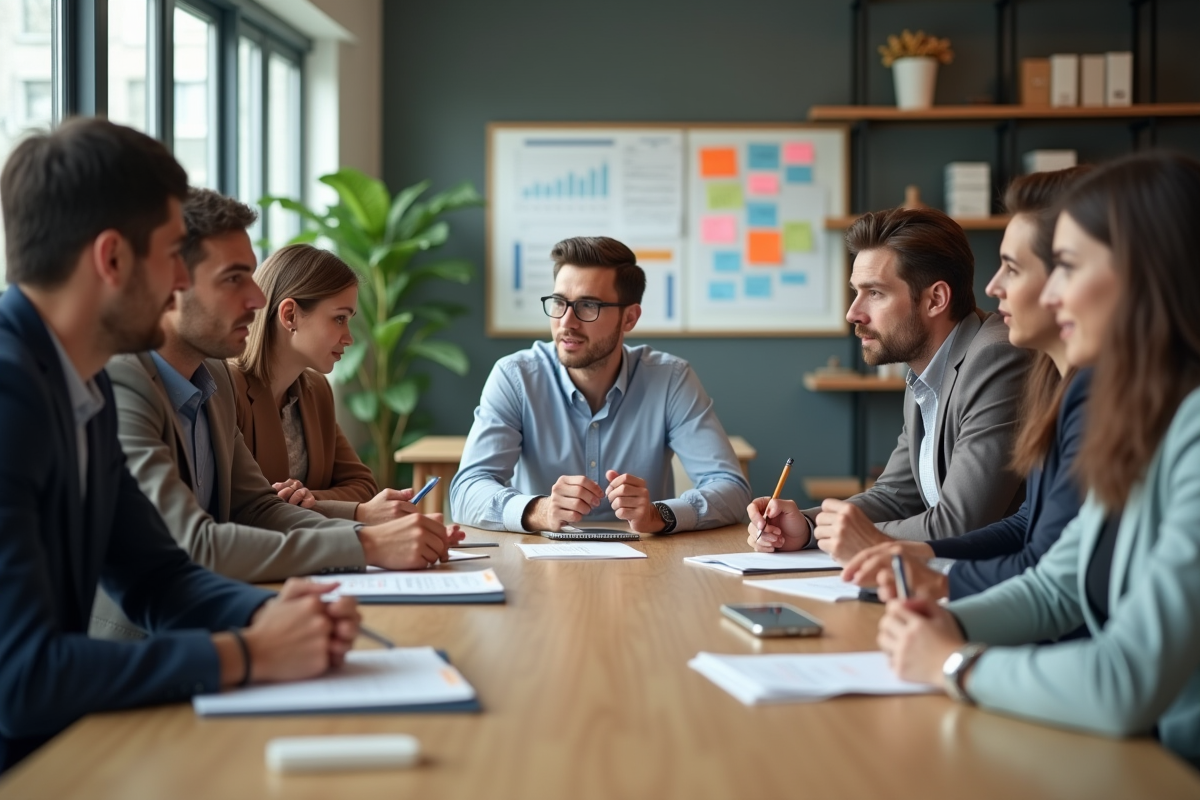 Groupe de professionnels en réunion dans un bureau moderne