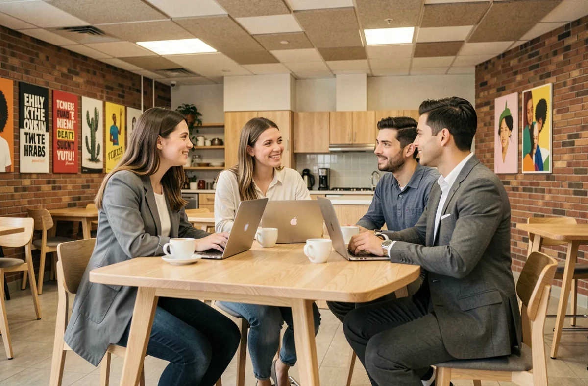 Groupe de jeunes professionnels en discussion collaborative autour d'une table haute dans un espace de coworking convivial à Champs-sur-Marne