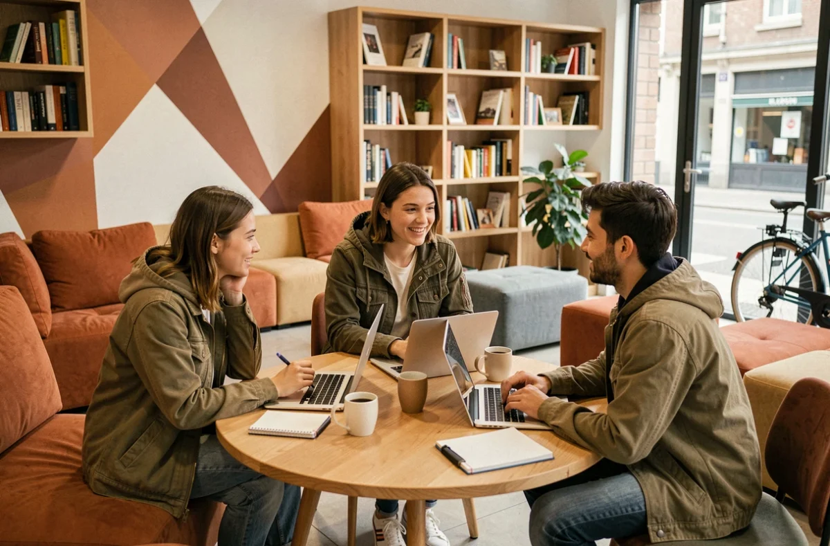 Groupe de jeunes professionnels en réunion informelle dans un espace de coworking tendance à Nantes