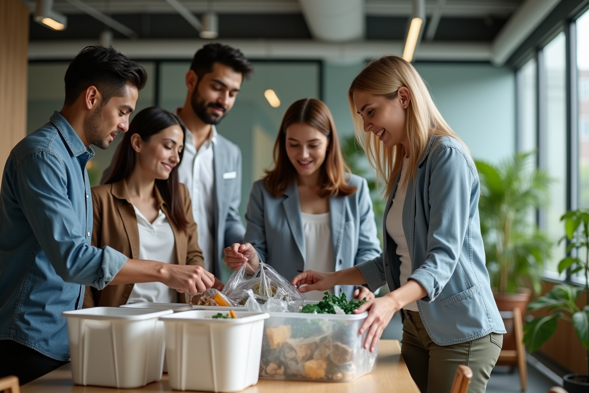 Groupe de jeunes professionnels triant des recyclables en bureau