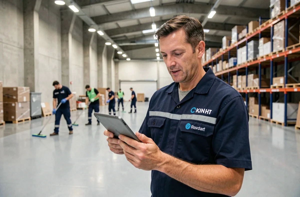 Superviseur du Groupement Interactif des Métiers de Nettoyage coordonnant une équipe dans un entrepôt industriel en Haute-Garonne