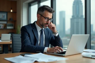 Homme d'affaires en costume dans un bureau moderne avec vue urbaine