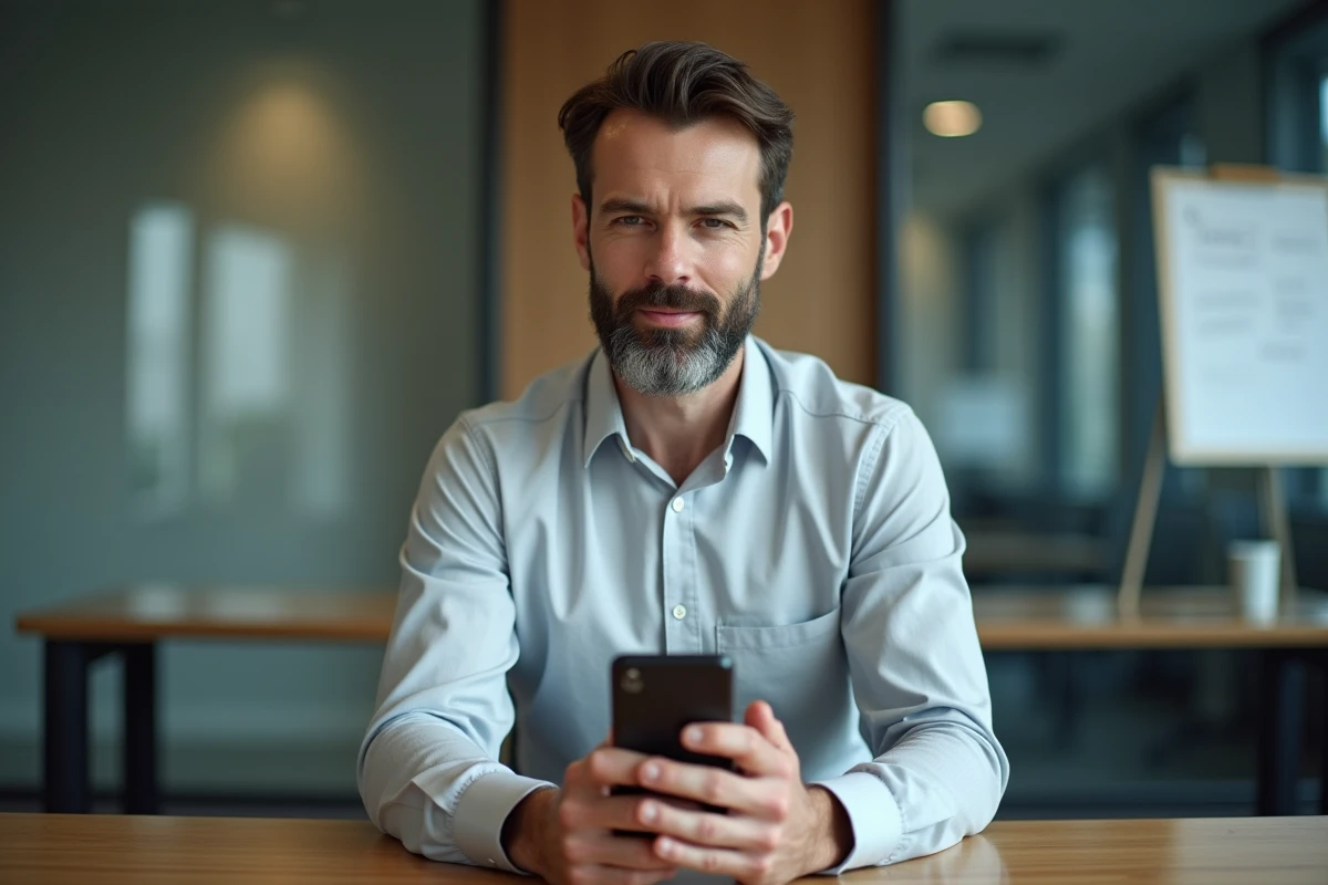 Homme d'affaires lisant une notification de consentement à l'enregistrement d'appel sur son smartphone en salle de réunion