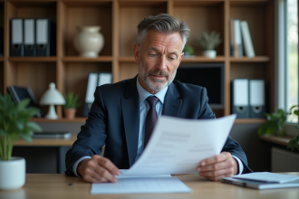Homme d'affaires en costume lisant un rapport dans un bureau