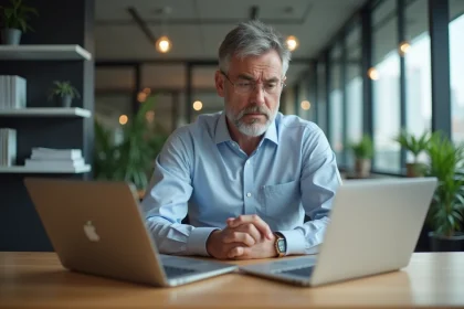 Homme d'affaires en chemise analysant deux ordinateurs portables